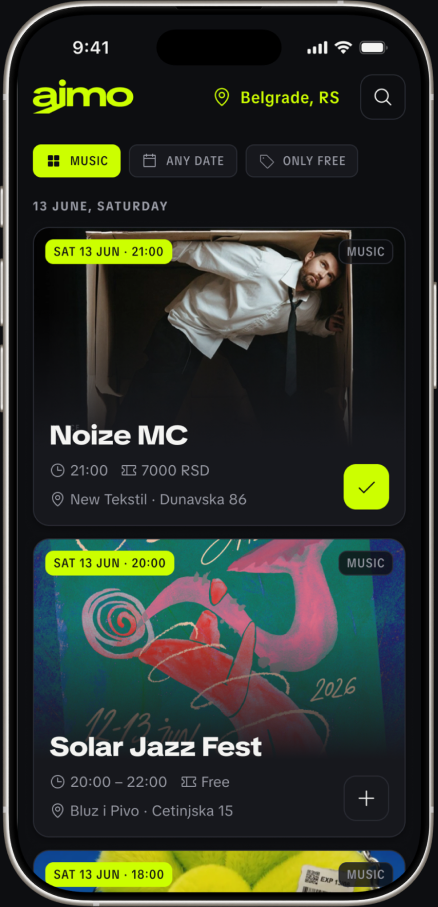 ajmo app — tonight’s events feed for Belgrade